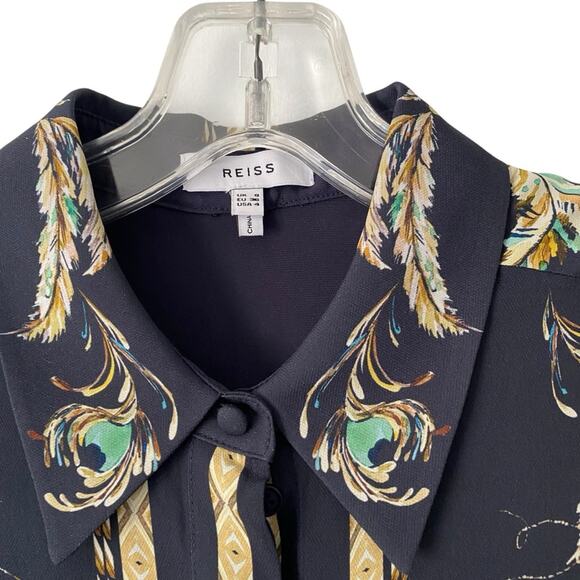 Reiss Tiff Feather Printed Button Down Blouse size 4 Navy Blue - Picture 5 of 12